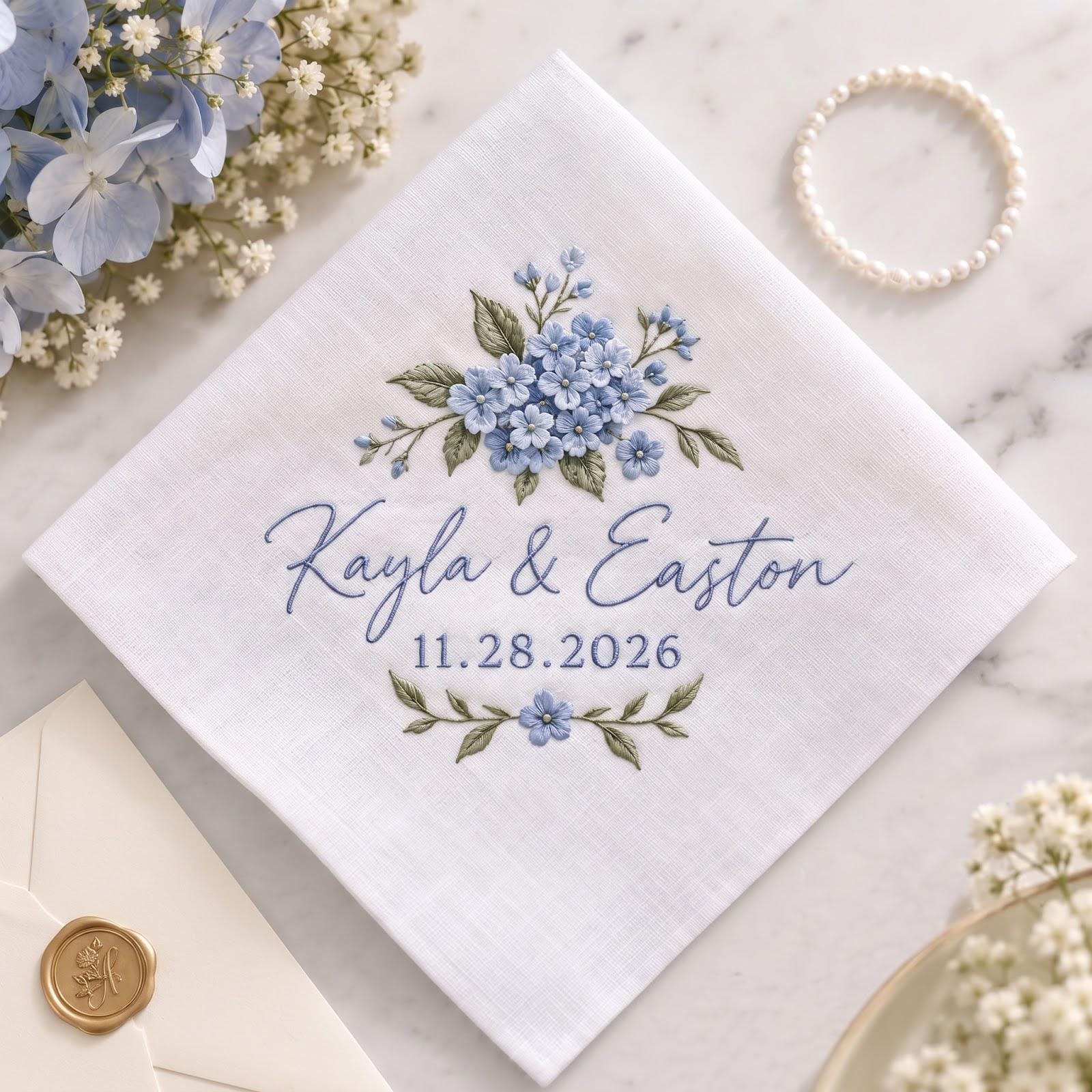 Personalized Embroidered Handkerchief with Blue Hydrangea Custom Couple Names and Date Hanky, Bride Gift for Something Blue Wedding Keepsake - photo 7