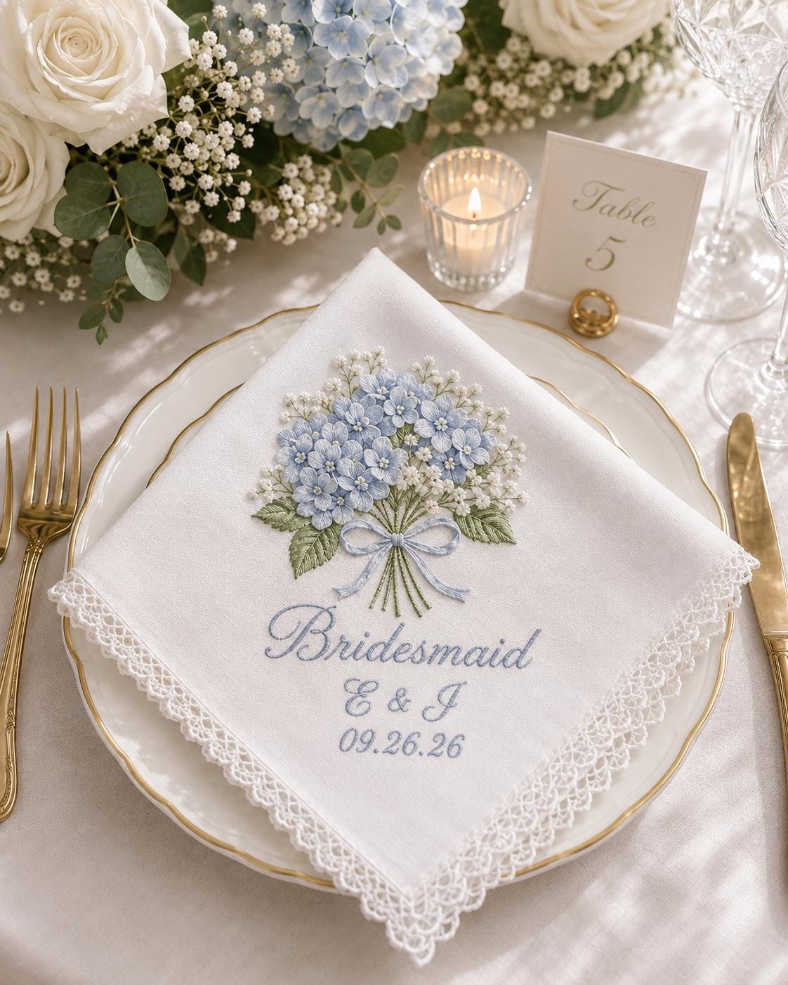 Personalized Embroidered Handkerchief with Custom Initials and Wedding Date Hanky, Floral Bridal Party Gift for Bridesmaid Keepsake