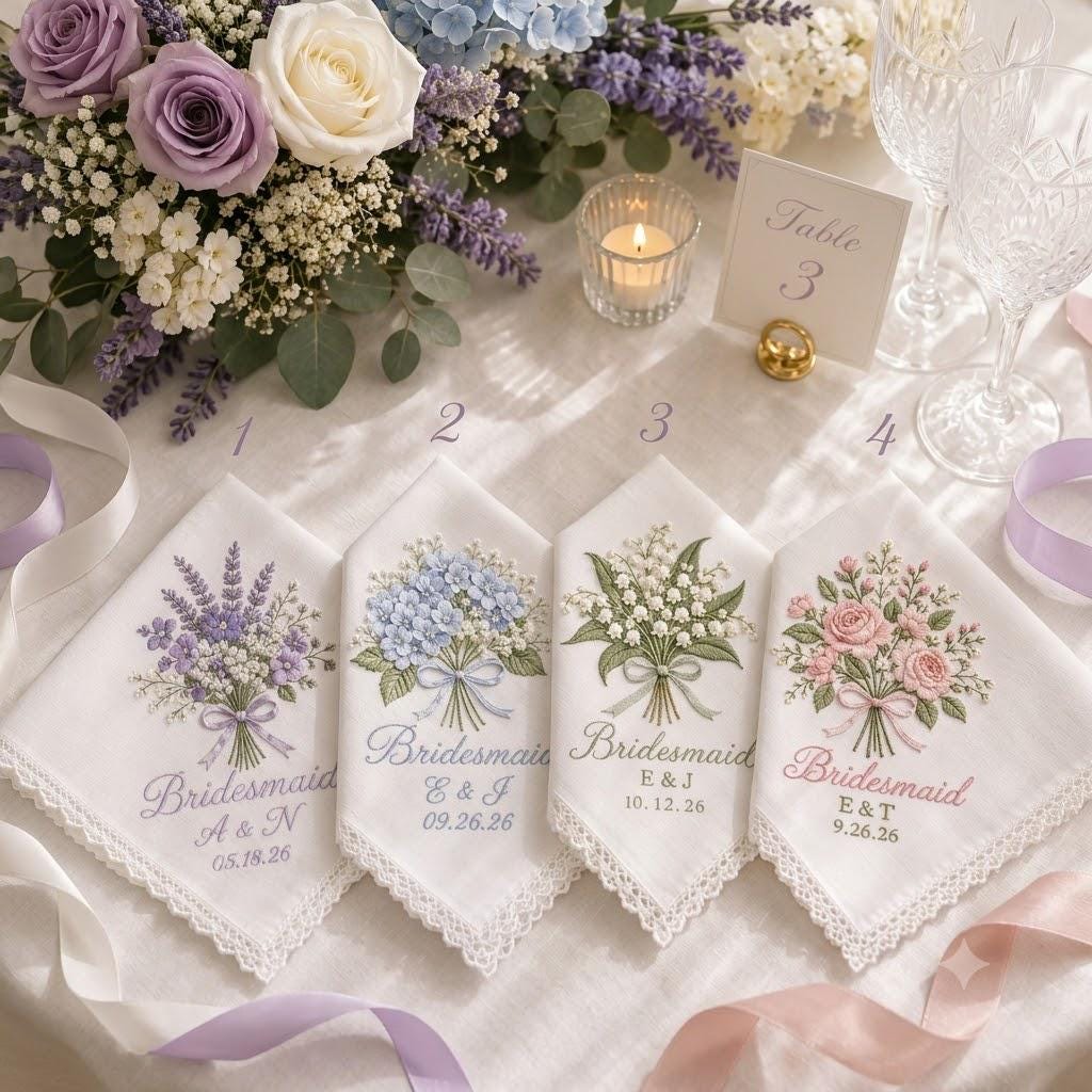 Personalized Embroidered Handkerchief with Custom Initials and Wedding Date Hanky, Floral Bridal Party Gift for Bridesmaid Keepsake - photo 2