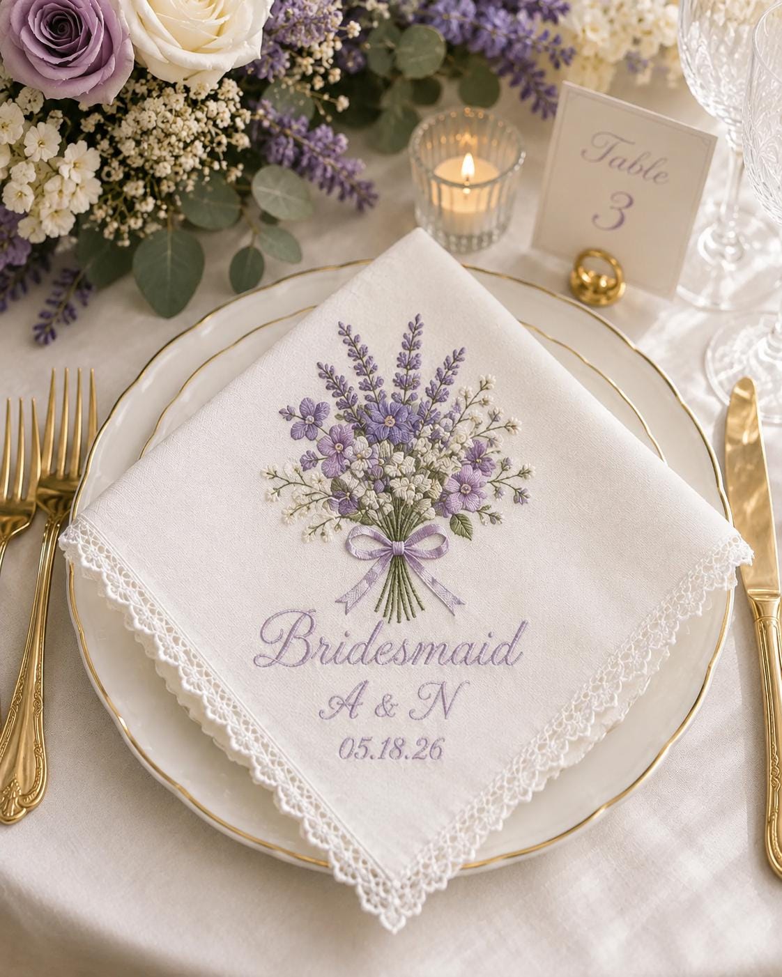 Personalized Embroidered Handkerchief with Custom Initials and Wedding Date Hanky, Floral Bridal Party Gift for Bridesmaid Keepsake - photo 3