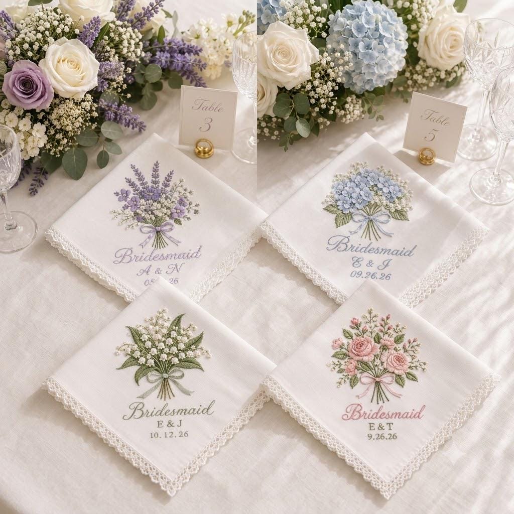 Personalized Embroidered Handkerchief with Custom Initials and Wedding Date Hanky, Floral Bridal Party Gift for Bridesmaid Keepsake - photo 7
