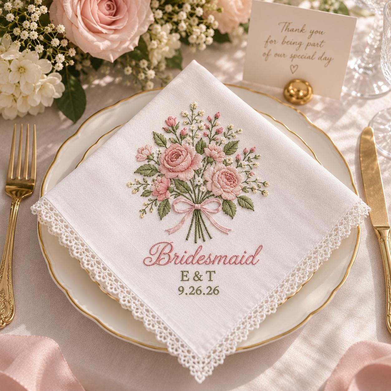 Personalized Embroidered Handkerchief with Custom Initials and Wedding Date Hanky, Floral Bridal Party Gift for Bridesmaid Keepsake - photo 8