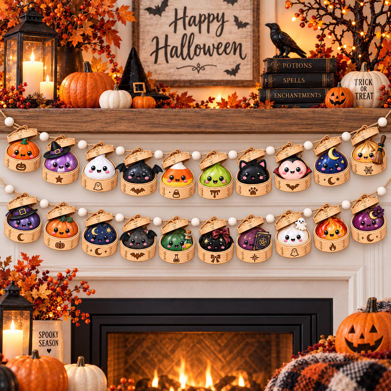 Halloween Dumpling Wood Garland with Pumpkin Ghost Witch Mantel Decor and Cute Kawaii Banner for Spooky Wooden Home Decor