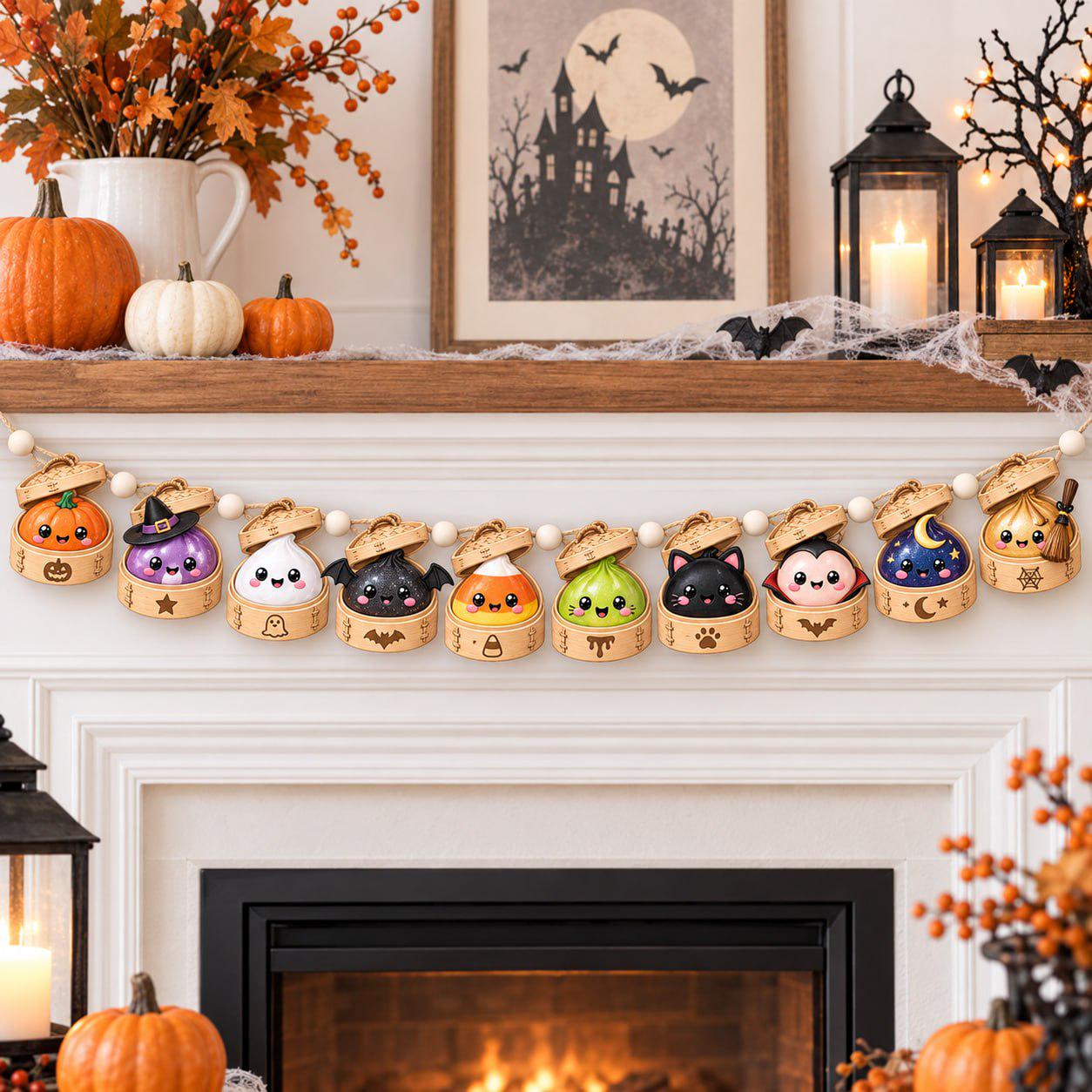 Halloween Dumpling Wood Garland with Pumpkin Ghost Witch Mantel Decor and Cute Kawaii Banner for Spooky Wooden Home Decor - photo 2