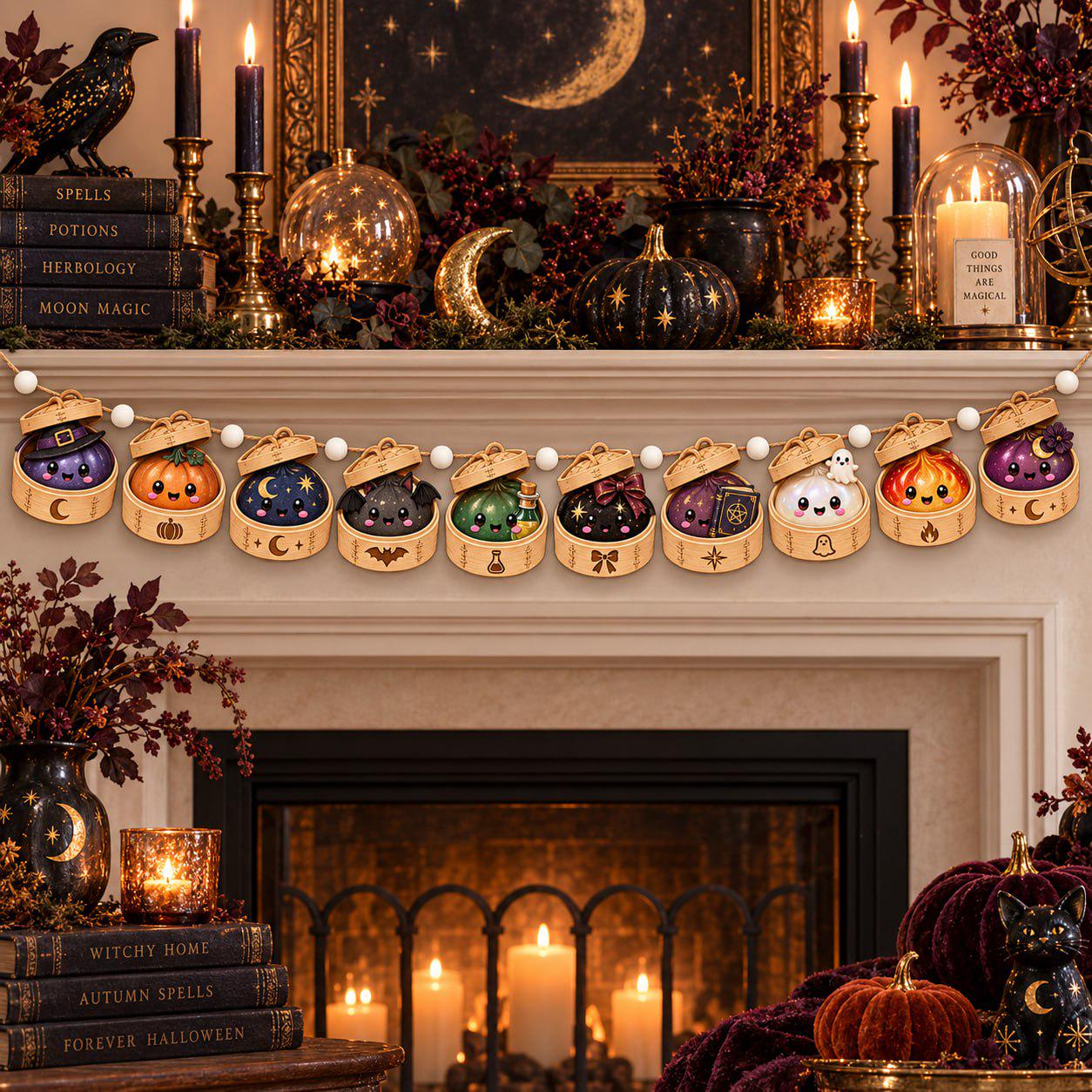 Halloween Dumpling Wood Garland with Pumpkin Ghost Witch Mantel Decor and Cute Kawaii Banner for Spooky Wooden Home Decor - photo 3
