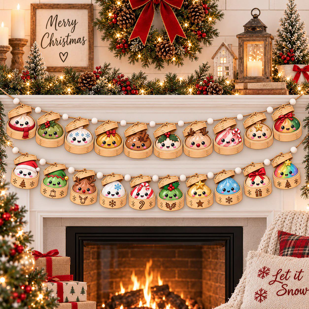 Christmas Dumpling Wood Garland with Snowman Reindeer Holiday Mantel Decor and Cute Kawaii Banner for Wooden Home Decor