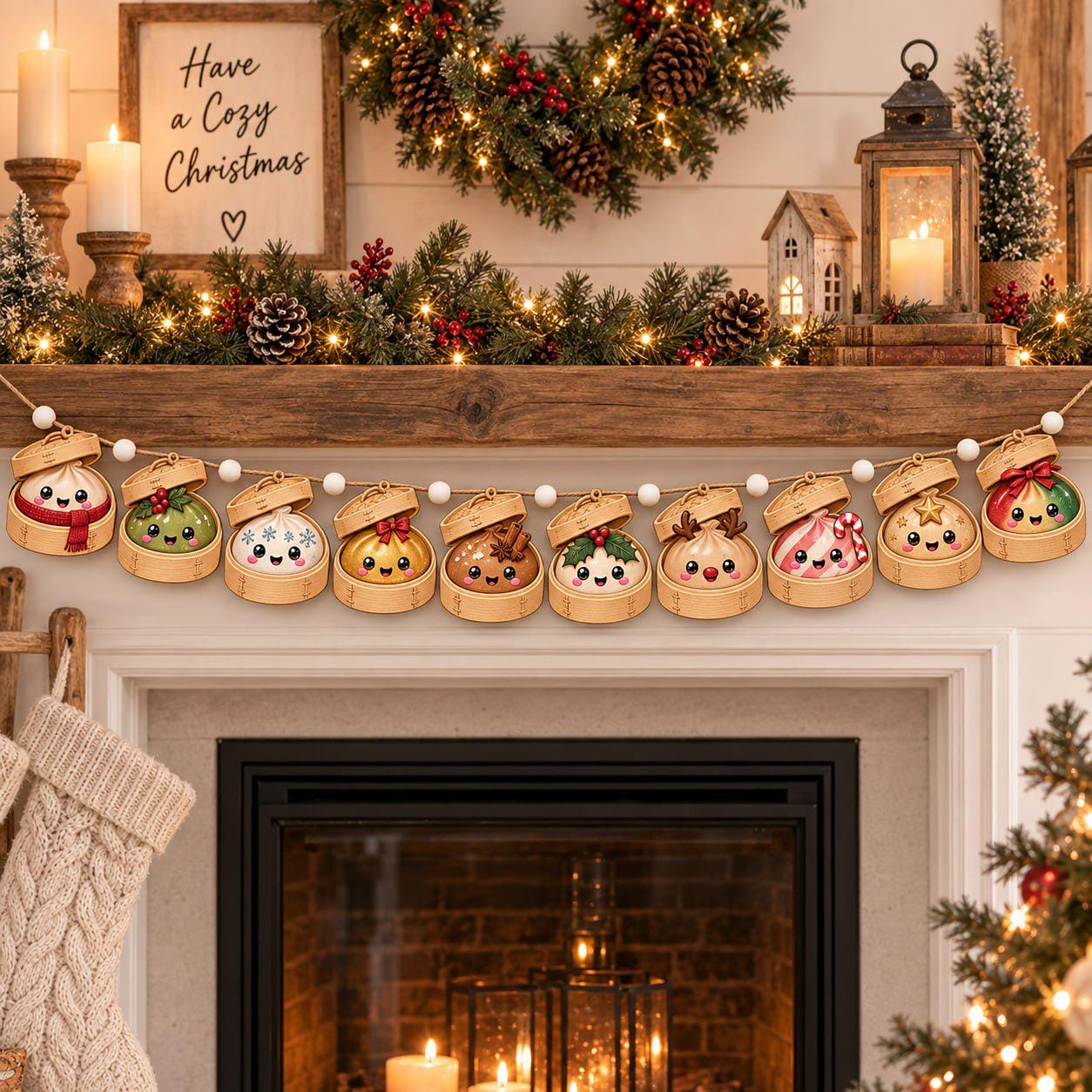 Christmas Dumpling Wood Garland with Snowman Reindeer Holiday Mantel Decor and Cute Kawaii Banner for Wooden Home Decor - photo 2