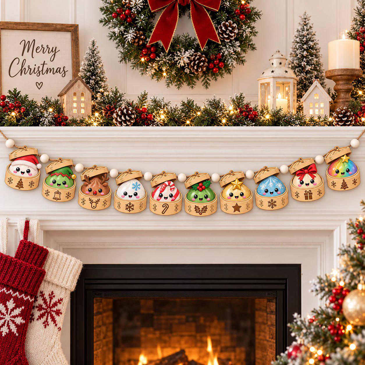 Christmas Dumpling Wood Garland with Snowman Reindeer Holiday Mantel Decor and Cute Kawaii Banner for Wooden Home Decor - photo 3