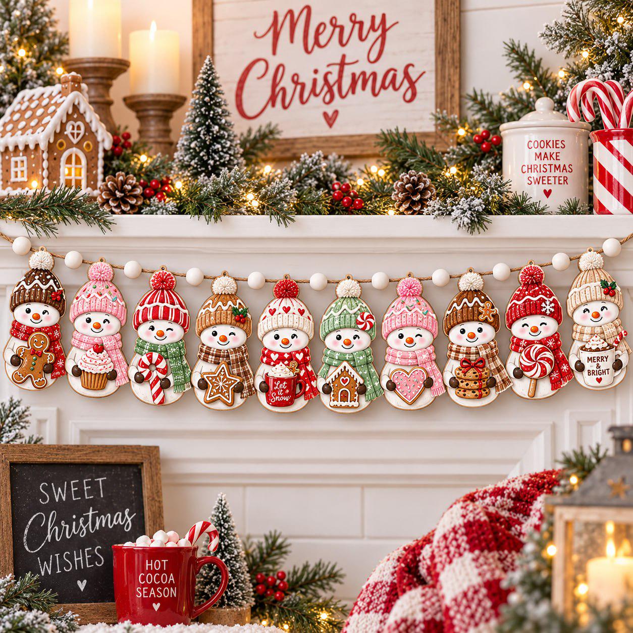 Christmas Snowman Garland with Wooden Banner and Rustic Winter Mantel Decor for Farmhouse Holiday Home Decoration