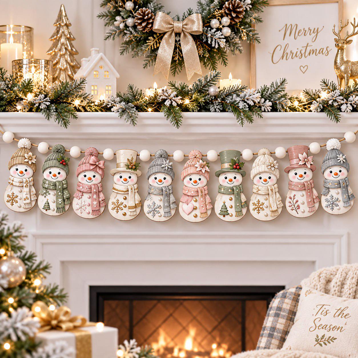 Christmas Snowman Garland with Wooden Banner and Rustic Winter Mantel Decor for Farmhouse Holiday Home Decoration - photo 2
