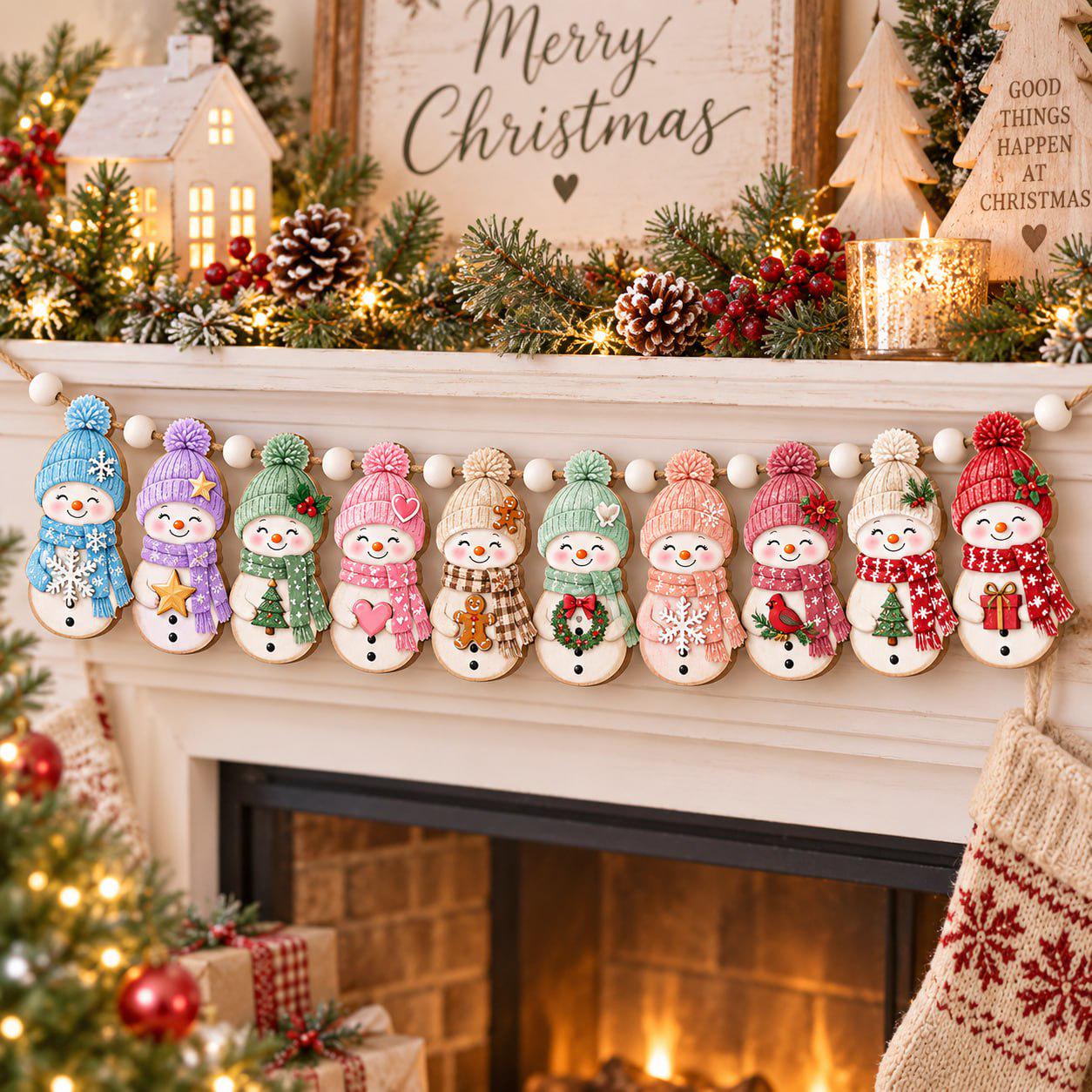 Christmas Snowman Garland with Wooden Banner and Rustic Winter Mantel Decor for Farmhouse Holiday Home Decoration - photo 3