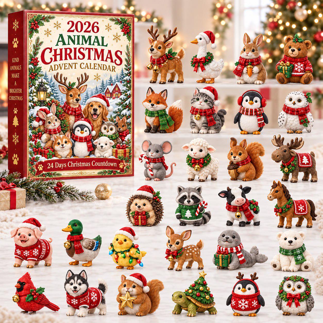24 Days Animal Christmas Advent Calendar 2026 with Blind Box Charm Set and Cute Holiday Animals Countdown for Lovers Gift