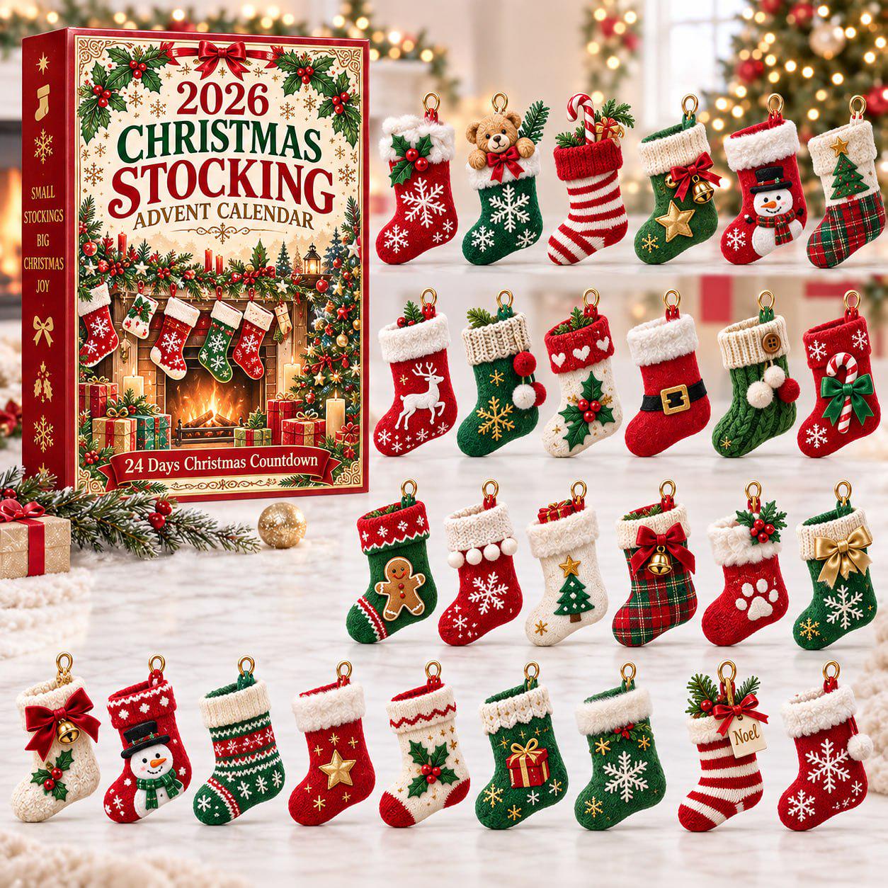 24 Days Christmas Stocking Advent Calendar 2026 with Blind Box Charm Set and Mini Countdown for Holiday Gift for Lovers