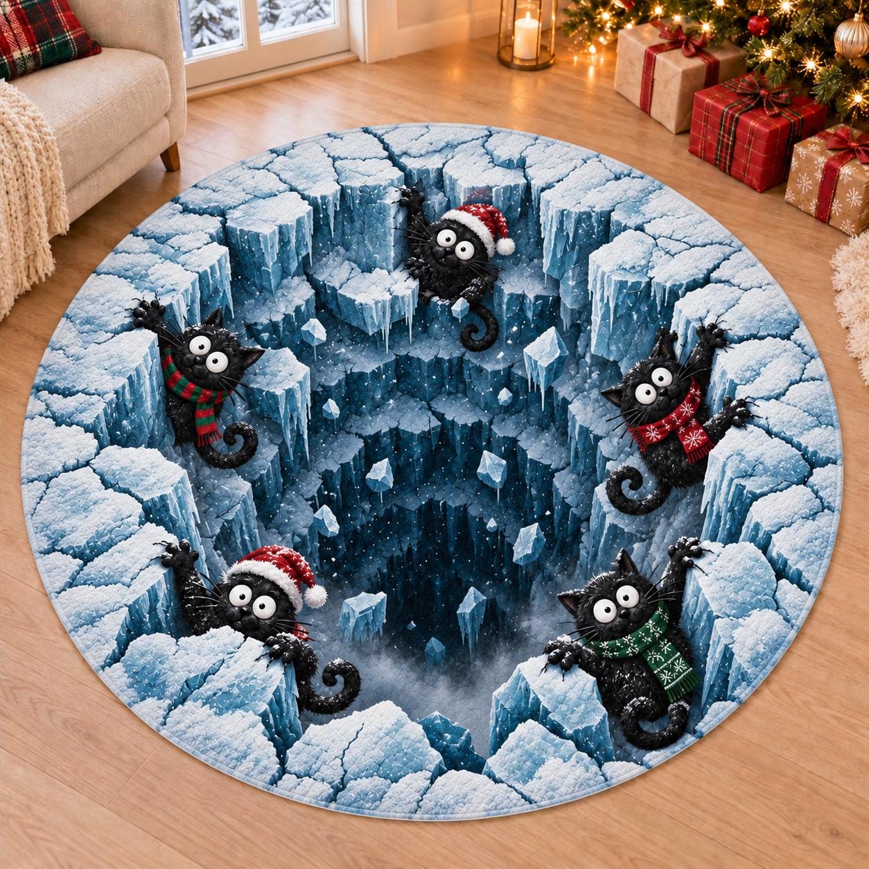 Black Cat Round Rug with 3D Illusion Ice Cave Floor Mat, Funny Winter Kitty Quilted Rug for Cozy Holiday Christmas Home Decor