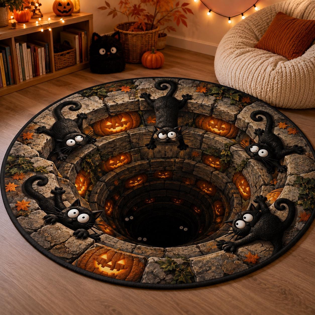 Black Cat Round Rug with 3D Illusion Ice Cave Floor Mat, Funny Winter Kitty Quilted Rug for Cozy Holiday Christmas Home Decor - photo 2