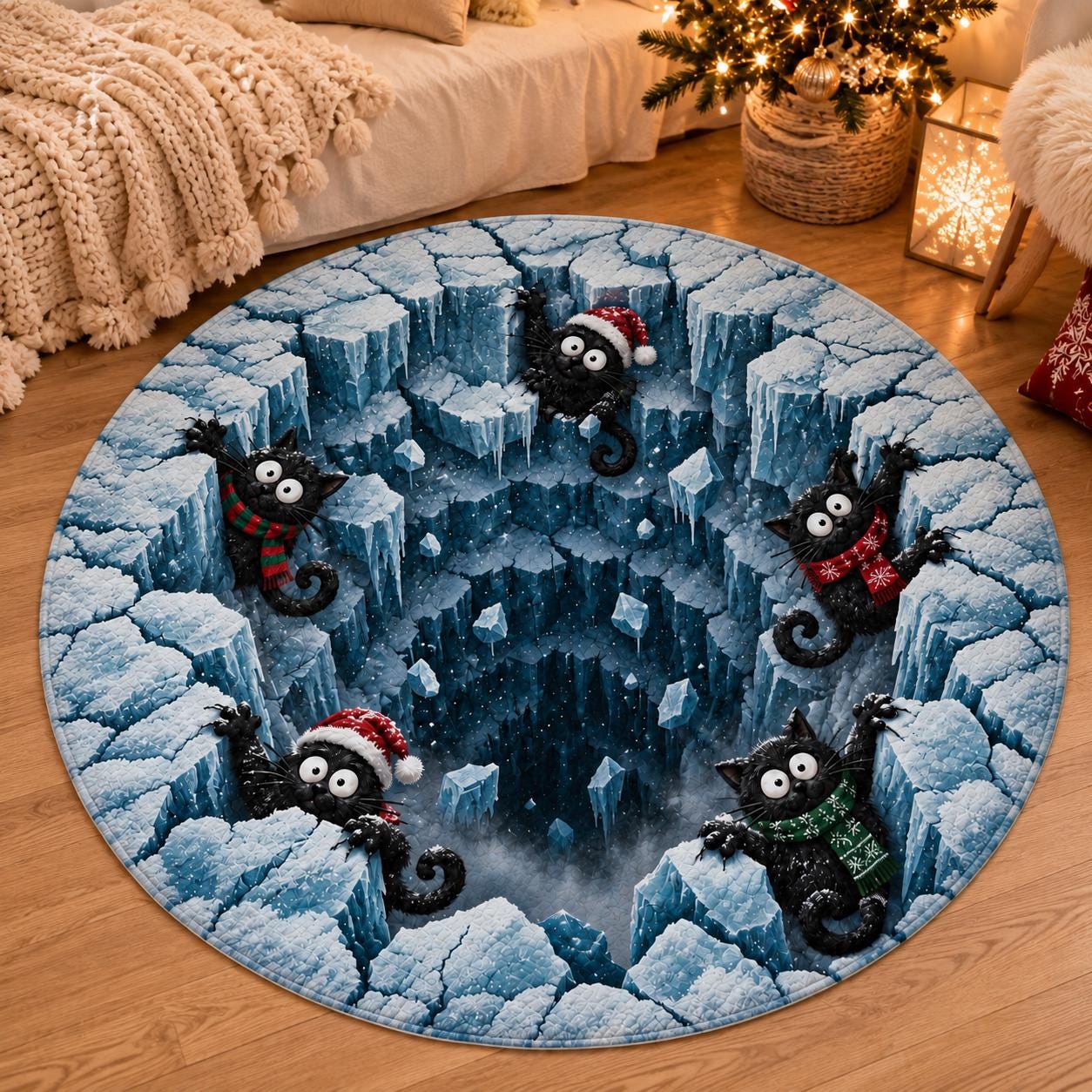 Black Cat Round Rug with 3D Illusion Ice Cave Floor Mat, Funny Winter Kitty Quilted Rug for Cozy Holiday Christmas Home Decor - photo 3