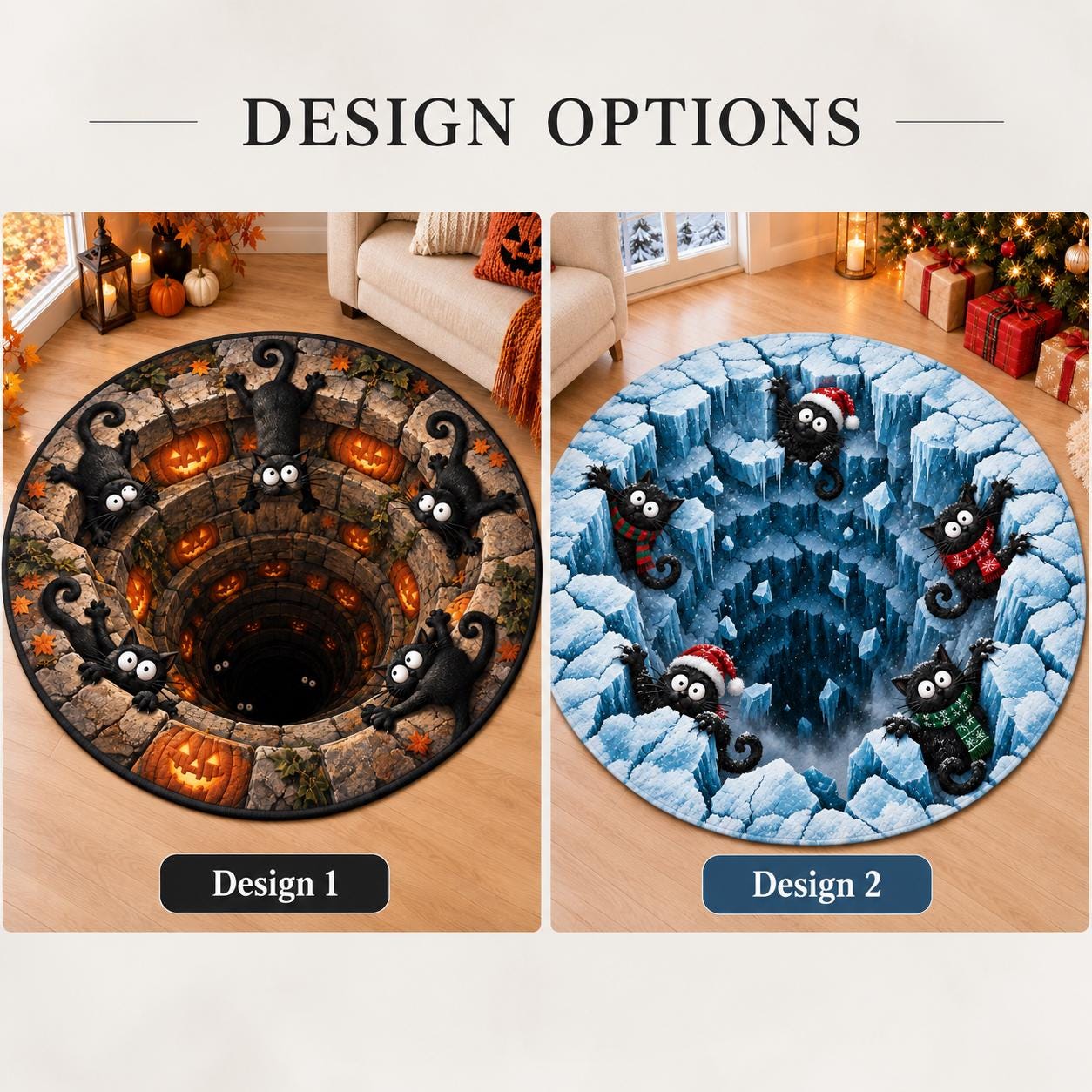 Black Cat Round Rug with 3D Illusion Ice Cave Floor Mat, Funny Winter Kitty Quilted Rug for Cozy Holiday Christmas Home Decor - photo 4