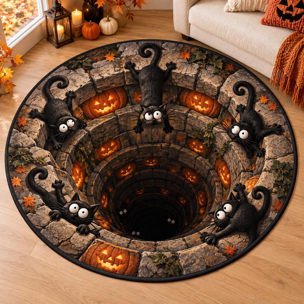 Black Cat Round Rug with 3D Illusion Ice Cave Floor Mat, Funny Winter Kitty Quilted Rug for Cozy Holiday Christmas Home Decor - photo 5
