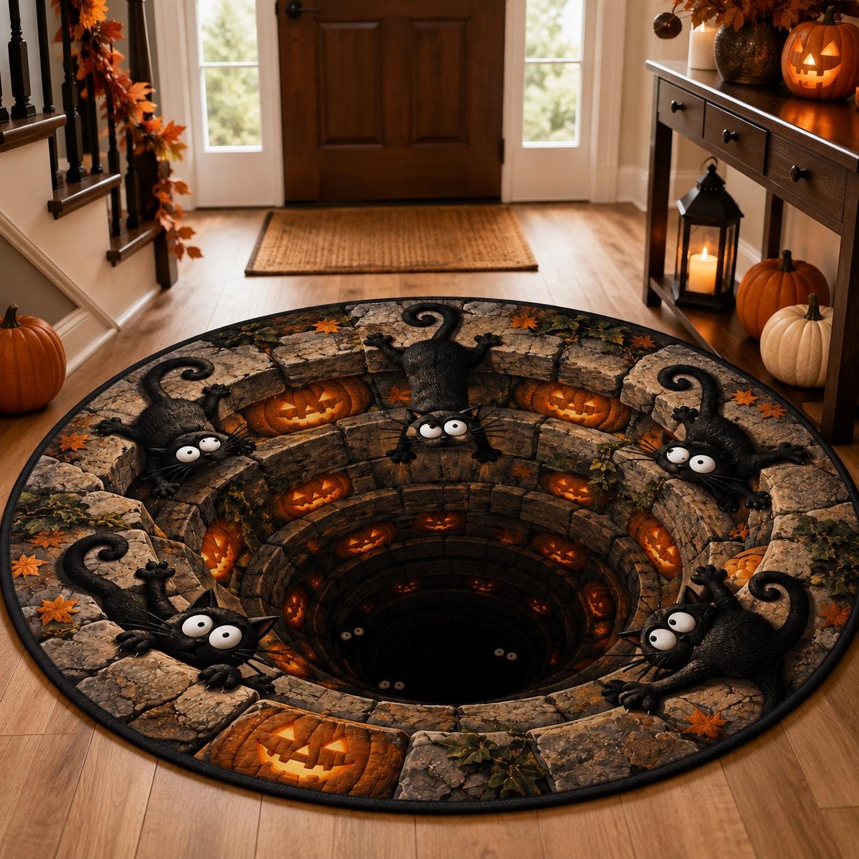 Black Cat Round Rug with 3D Illusion Ice Cave Floor Mat, Funny Winter Kitty Quilted Rug for Cozy Holiday Christmas Home Decor - photo 6
