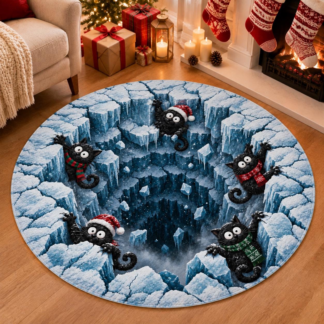 Black Cat Round Rug with 3D Illusion Ice Cave Floor Mat, Funny Winter Kitty Quilted Rug for Cozy Holiday Christmas Home Decor - photo 7