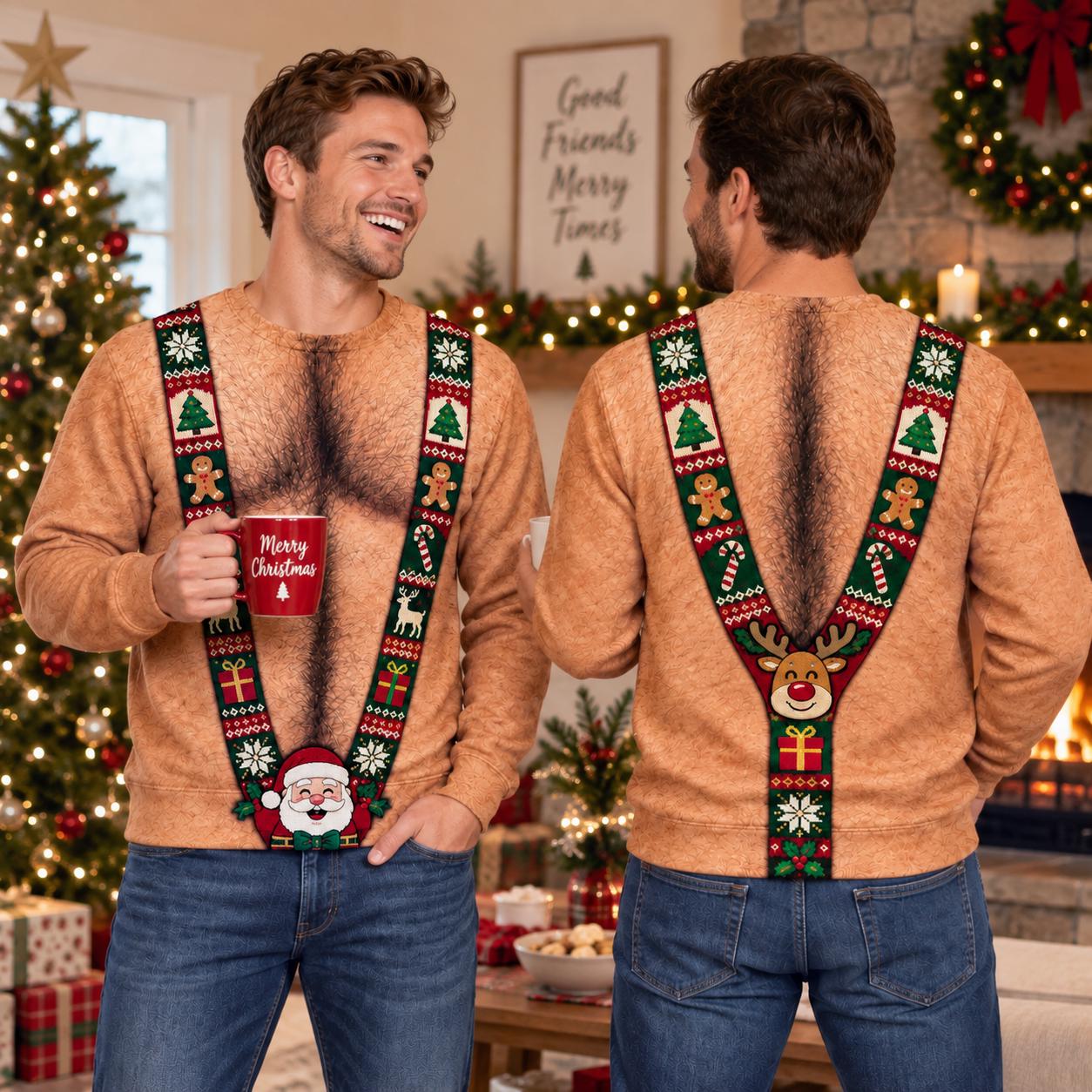 Sweatshirt – Funny Hairy Chest Christmas Sweater for Men with Fake Body Suspenders Ugly Xmas 3D Illusion and Santa Reindeer Gag Gift