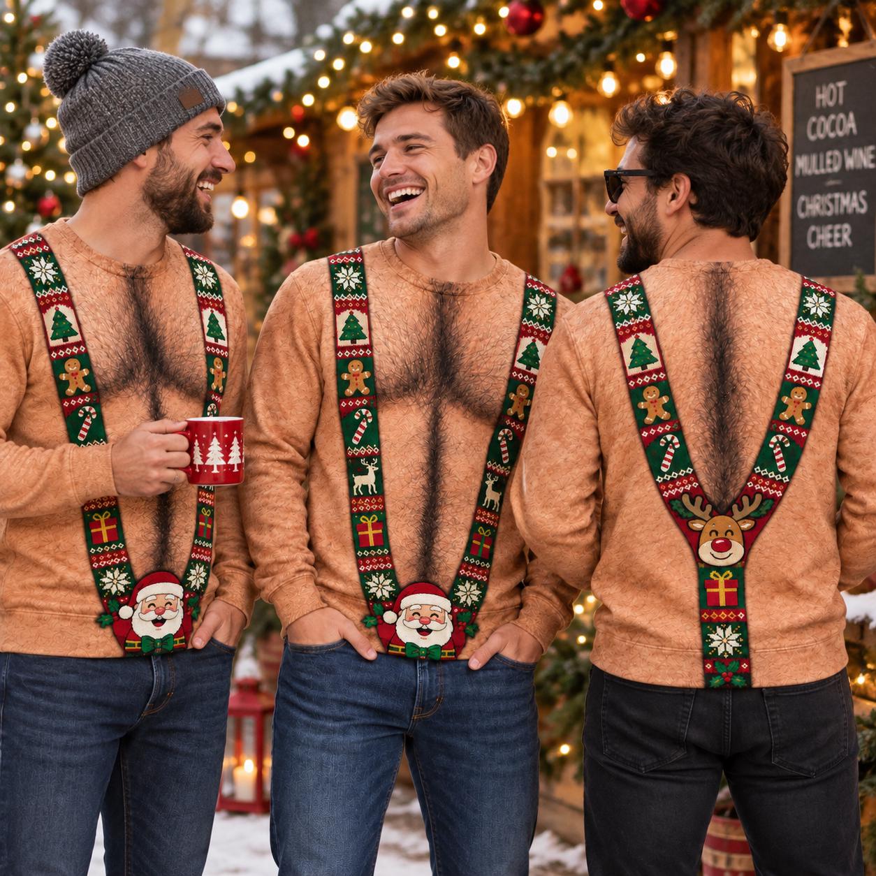 Sweatshirt – Funny Hairy Chest Christmas Sweater for Men with Fake Body Suspenders Ugly Xmas 3D Illusion and Santa Reindeer Gag Gift - photo 2