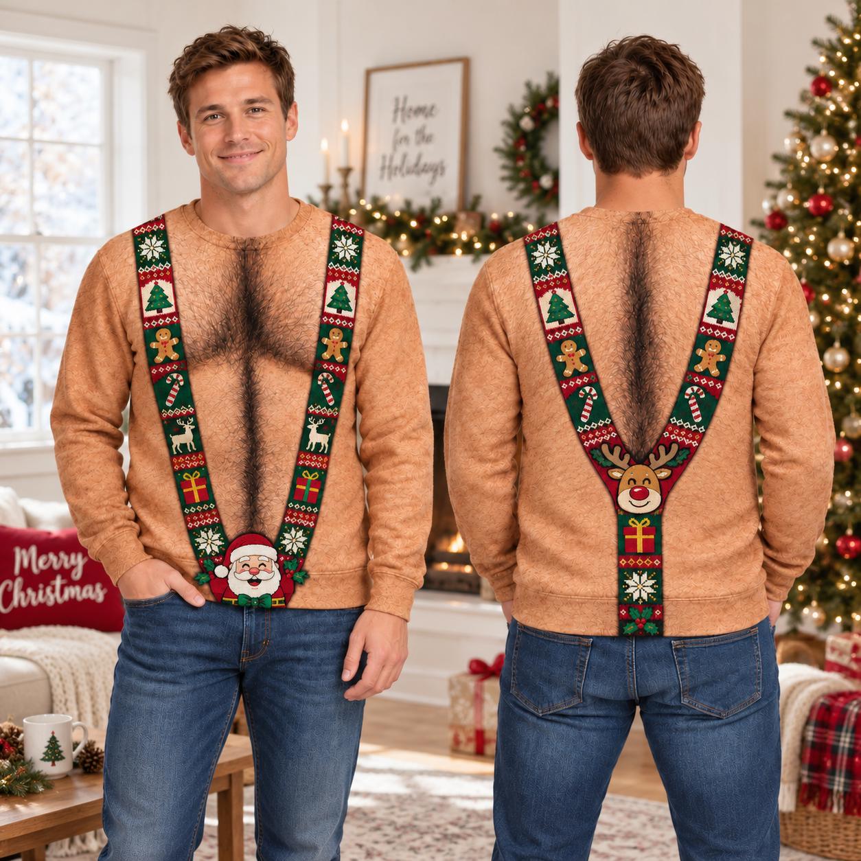 Sweatshirt – Funny Hairy Chest Christmas Sweater for Men with Fake Body Suspenders Ugly Xmas 3D Illusion and Santa Reindeer Gag Gift - photo 5