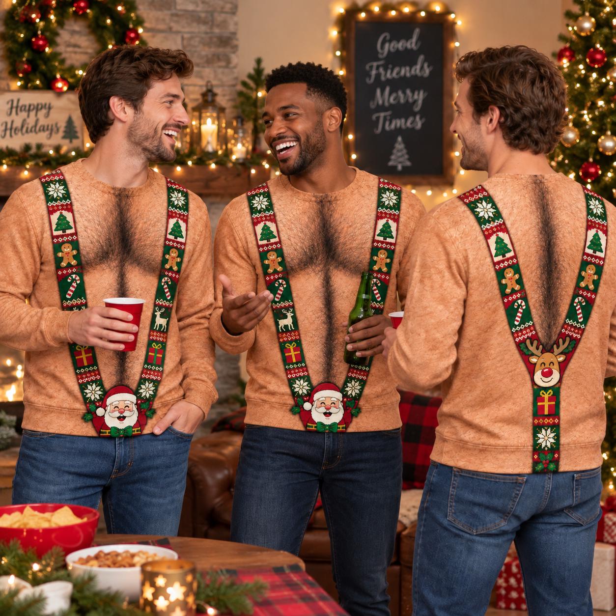 Sweatshirt – Funny Hairy Chest Christmas Sweater for Men with Fake Body Suspenders Ugly Xmas 3D Illusion and Santa Reindeer Gag Gift - photo 6