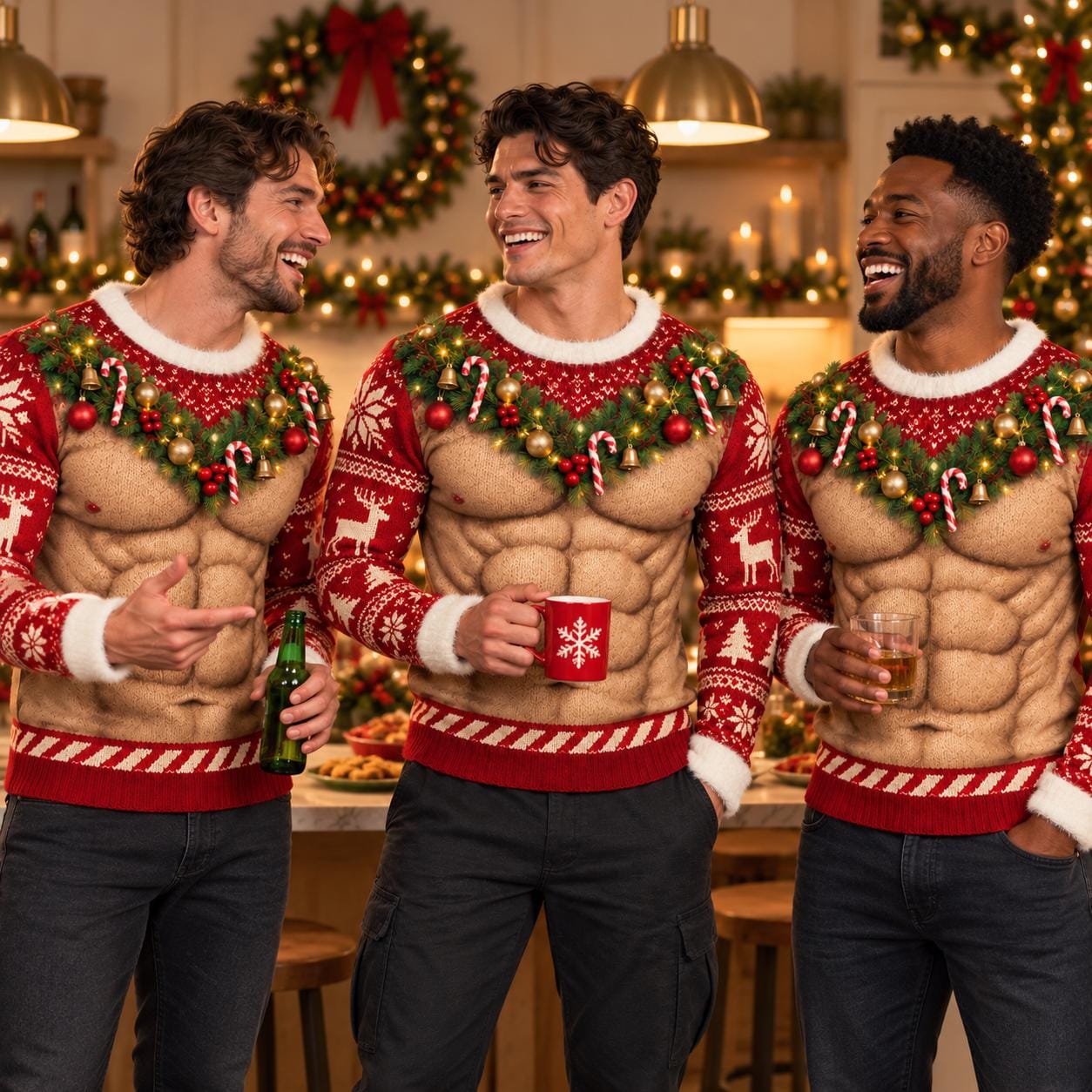 Funny Muscle Chest Christmas Sweater with Fake Abs Garland Ugly Xmas Sweatshirt and 3D Body Illusion Holiday Party Gag Gift Men