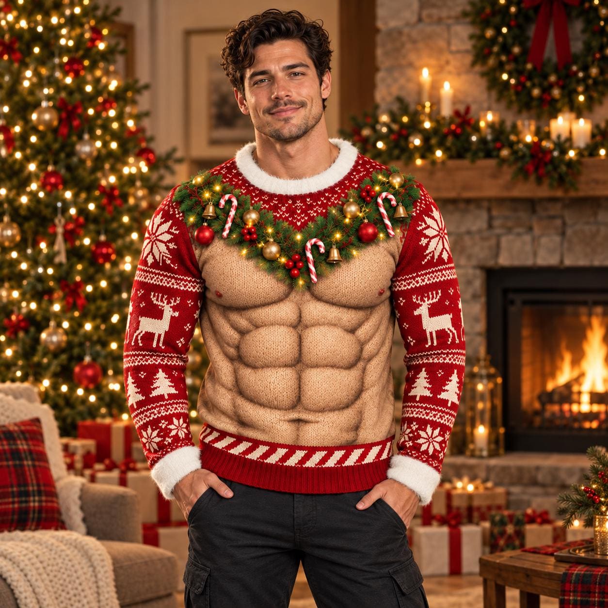 Funny Muscle Chest Christmas Sweater with Fake Abs Garland Ugly Xmas Sweatshirt and 3D Body Illusion Holiday Party Gag Gift Men - photo 6