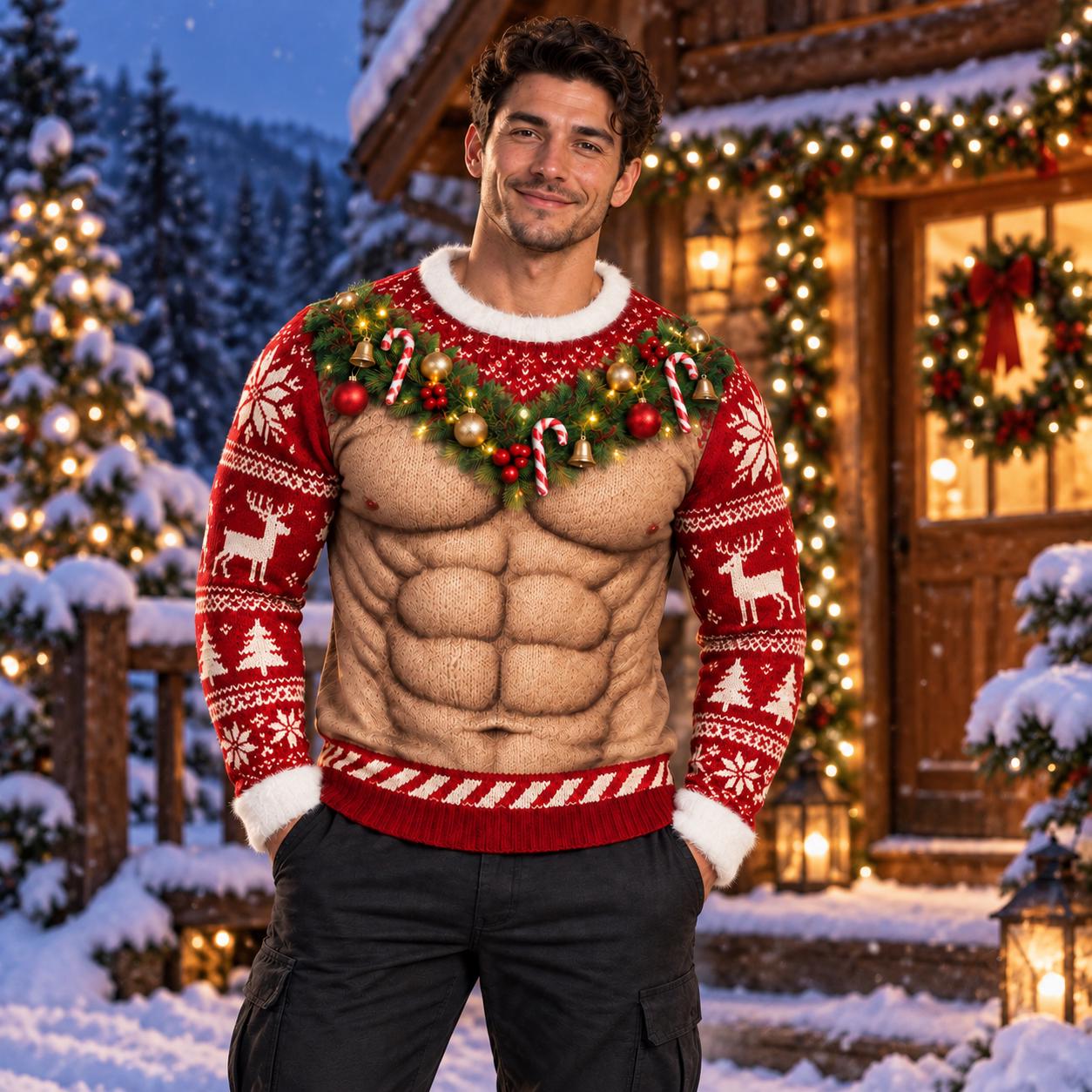 Funny Muscle Chest Christmas Sweater with Fake Abs Garland Ugly Xmas Sweatshirt and 3D Body Illusion Holiday Party Gag Gift Men - photo 7