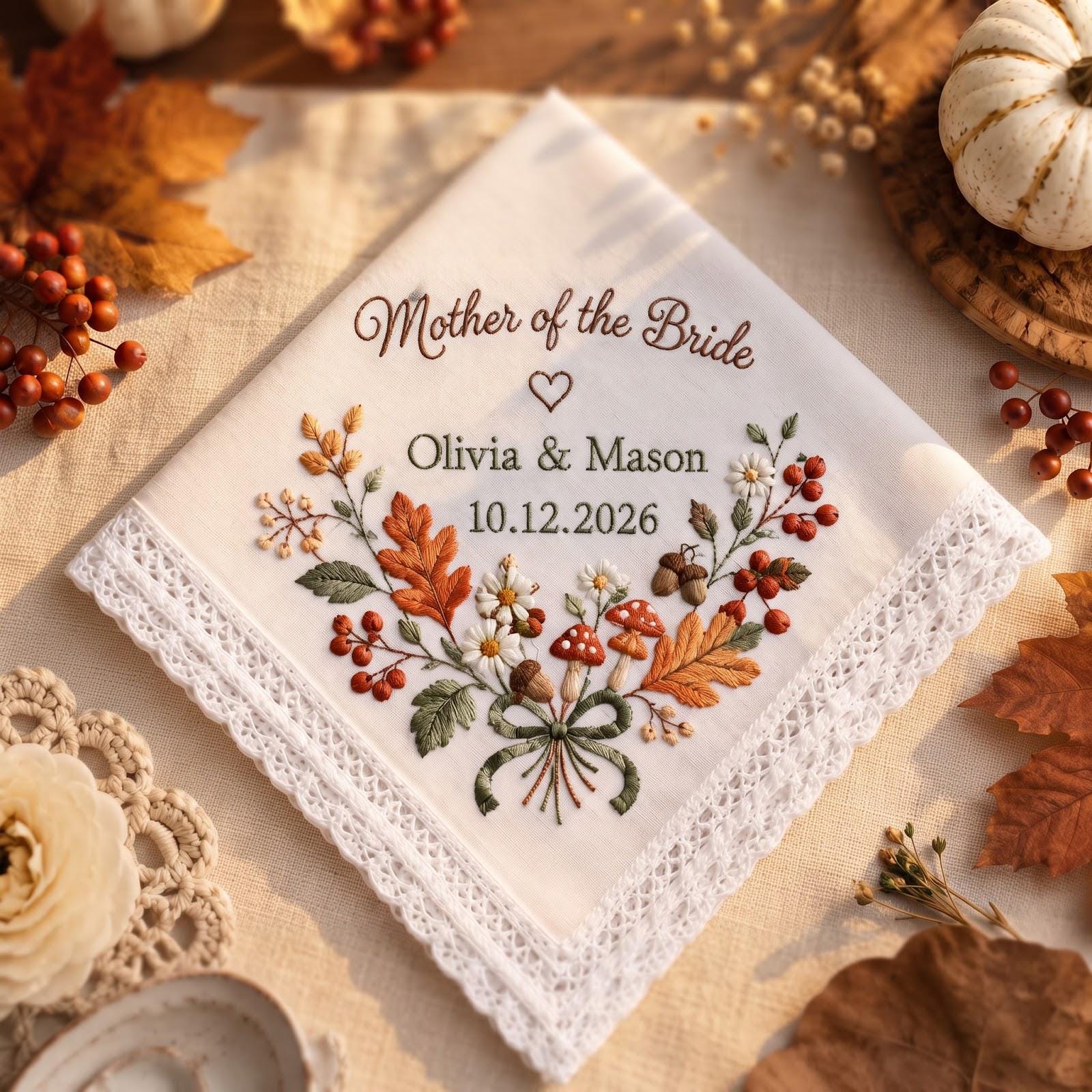 Personalized Handkerchief for Mother of the Bride with Autumn Floral Mushroom Embroidered Wedding Hanky, Custom Names Date Fall Mom Gift
