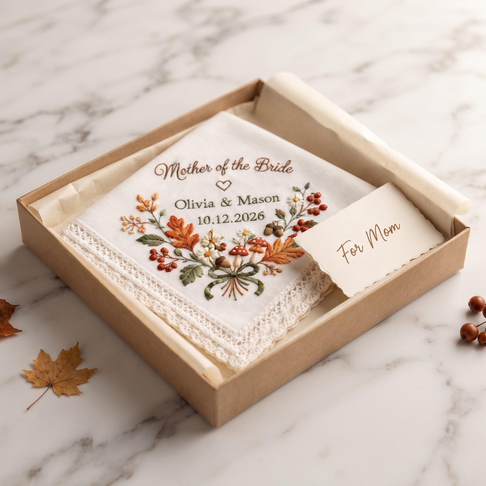 Personalized Handkerchief for Mother of the Bride with Autumn Floral Mushroom Embroidered Wedding Hanky, Custom Names Date Fall Mom Gift - photo 2
