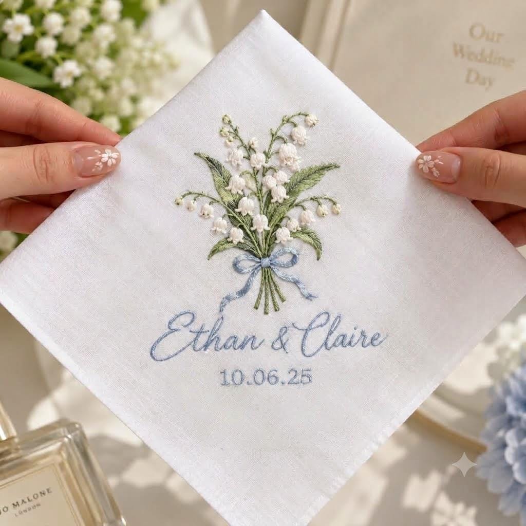 Personalized Embroidered Handkerchief with Lily of the Valley Custom Couple Names and Date Hanky, Bride Groom Gift for Wedding Keepsake