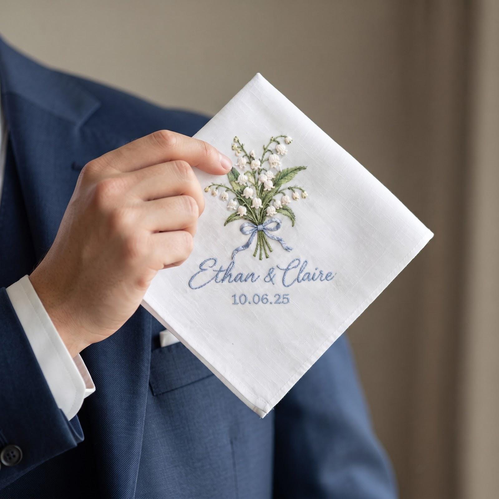 Personalized Embroidered Handkerchief with Lily of the Valley Custom Couple Names and Date Hanky, Bride Groom Gift for Wedding Keepsake - photo 2