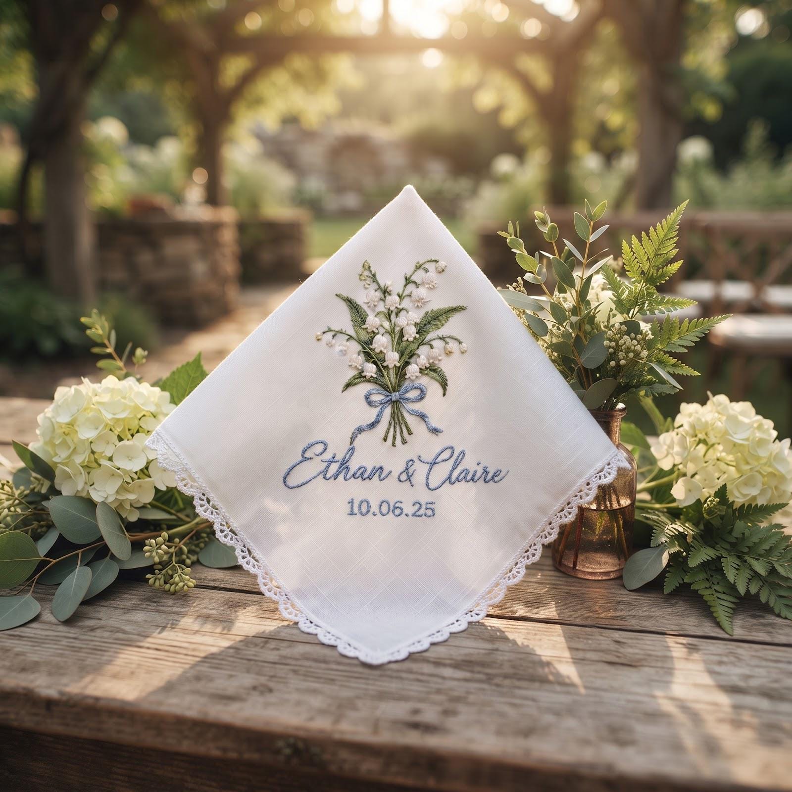 Personalized Embroidered Handkerchief with Lily of the Valley Custom Couple Names and Date Hanky, Bride Groom Gift for Wedding Keepsake - photo 6
