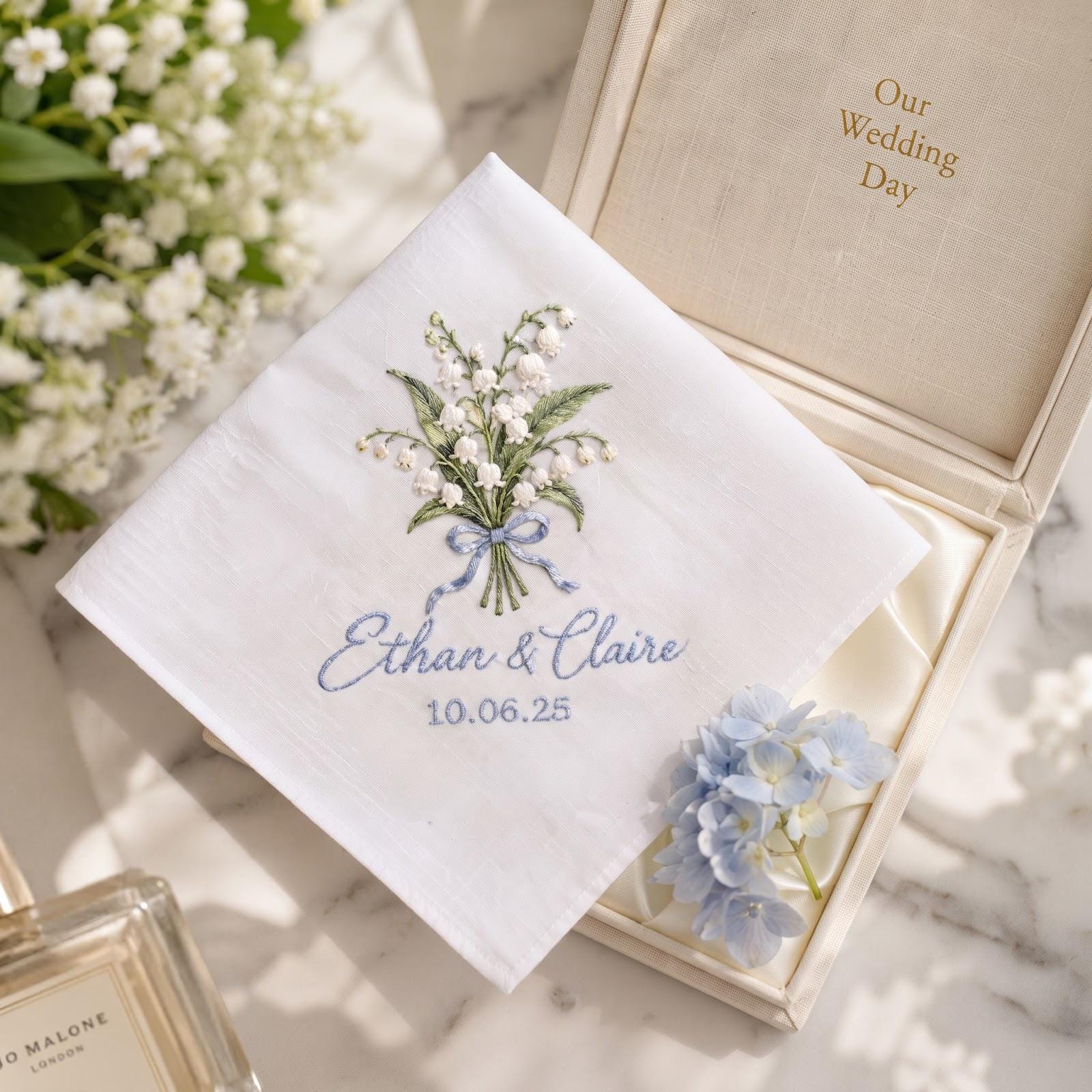 Personalized Embroidered Handkerchief with Lily of the Valley Custom Couple Names and Date Hanky, Bride Groom Gift for Wedding Keepsake - photo 7
