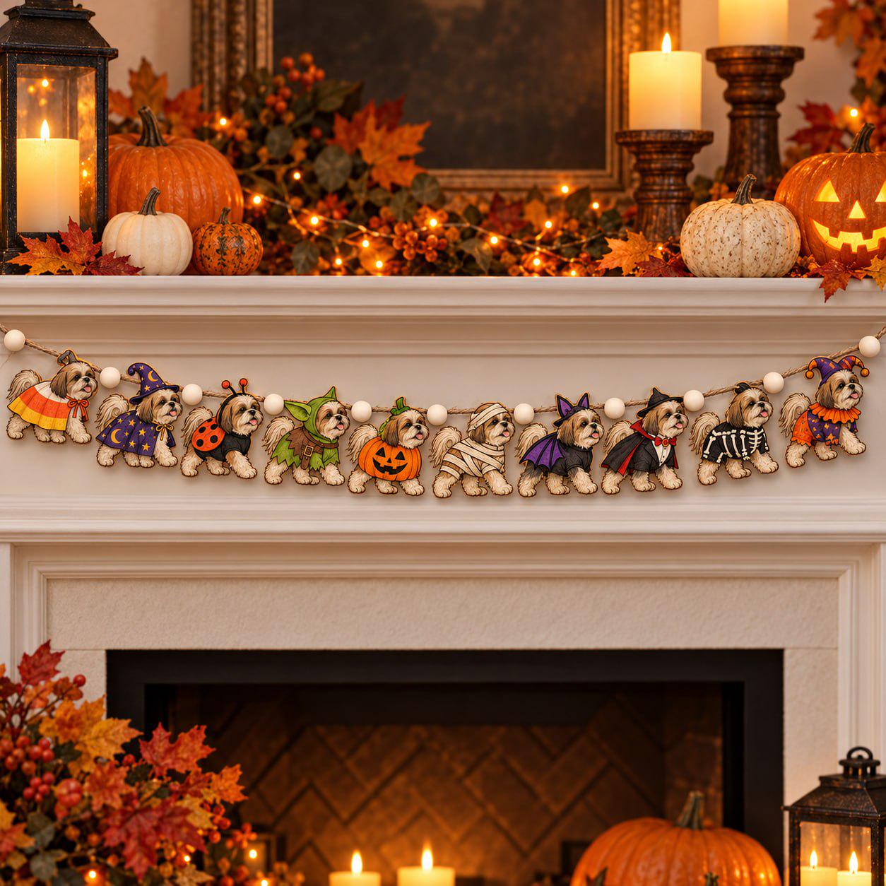 Halloween Dog Garland with Breed Wooden Banner and Spooky Costume Puppy Design for Lover Decor and Trick or Treat Pet Gift