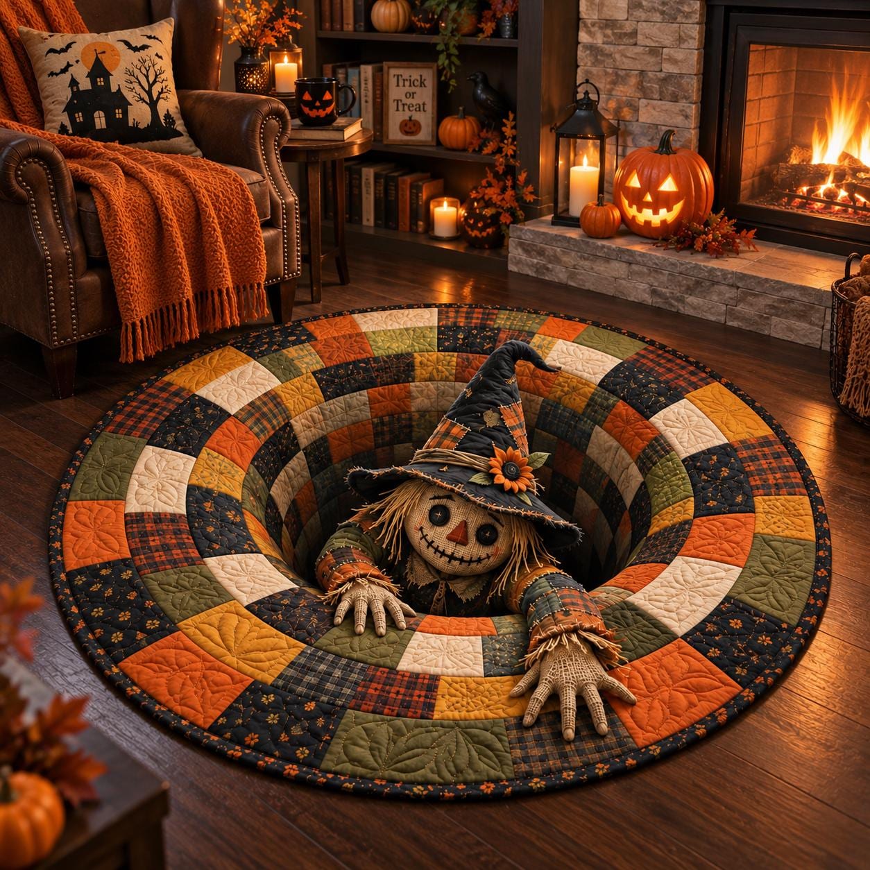 Scarecrow Halloween Round Rug with 3D Illusion Patchwork Pit Floor Mat and Quilted Style Autumn Design for Witchy Farmhouse Decor