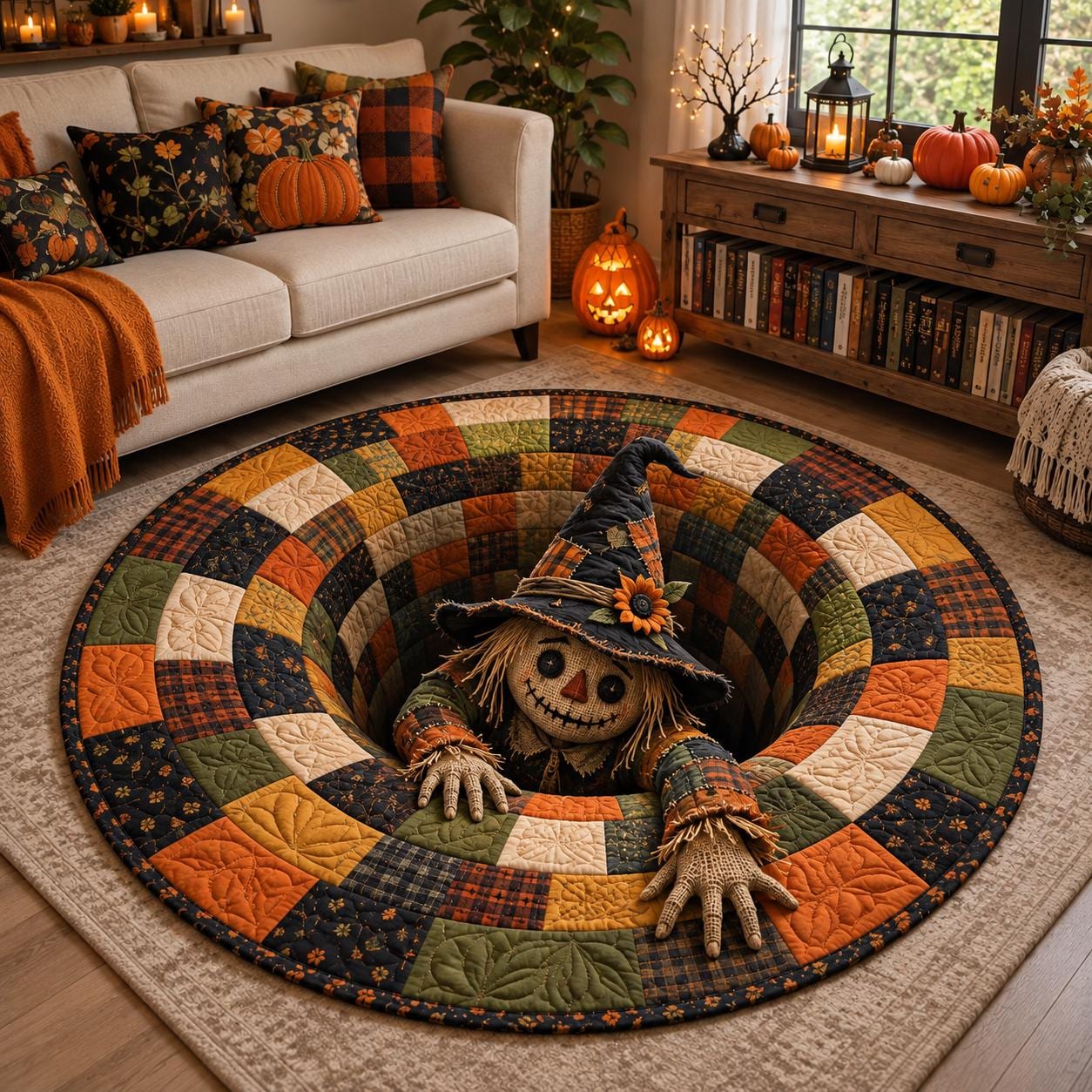 Scarecrow Halloween Round Rug with 3D Illusion Patchwork Pit Floor Mat and Quilted Style Autumn Design for Witchy Farmhouse Decor - photo 2