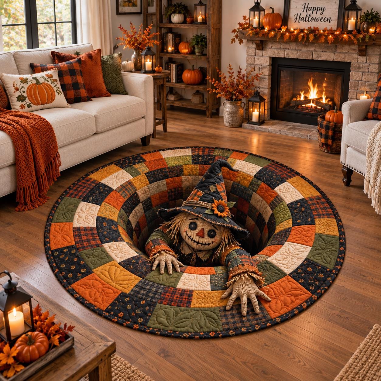 Scarecrow Halloween Round Rug with 3D Illusion Patchwork Pit Floor Mat and Quilted Style Autumn Design for Witchy Farmhouse Decor - photo 3