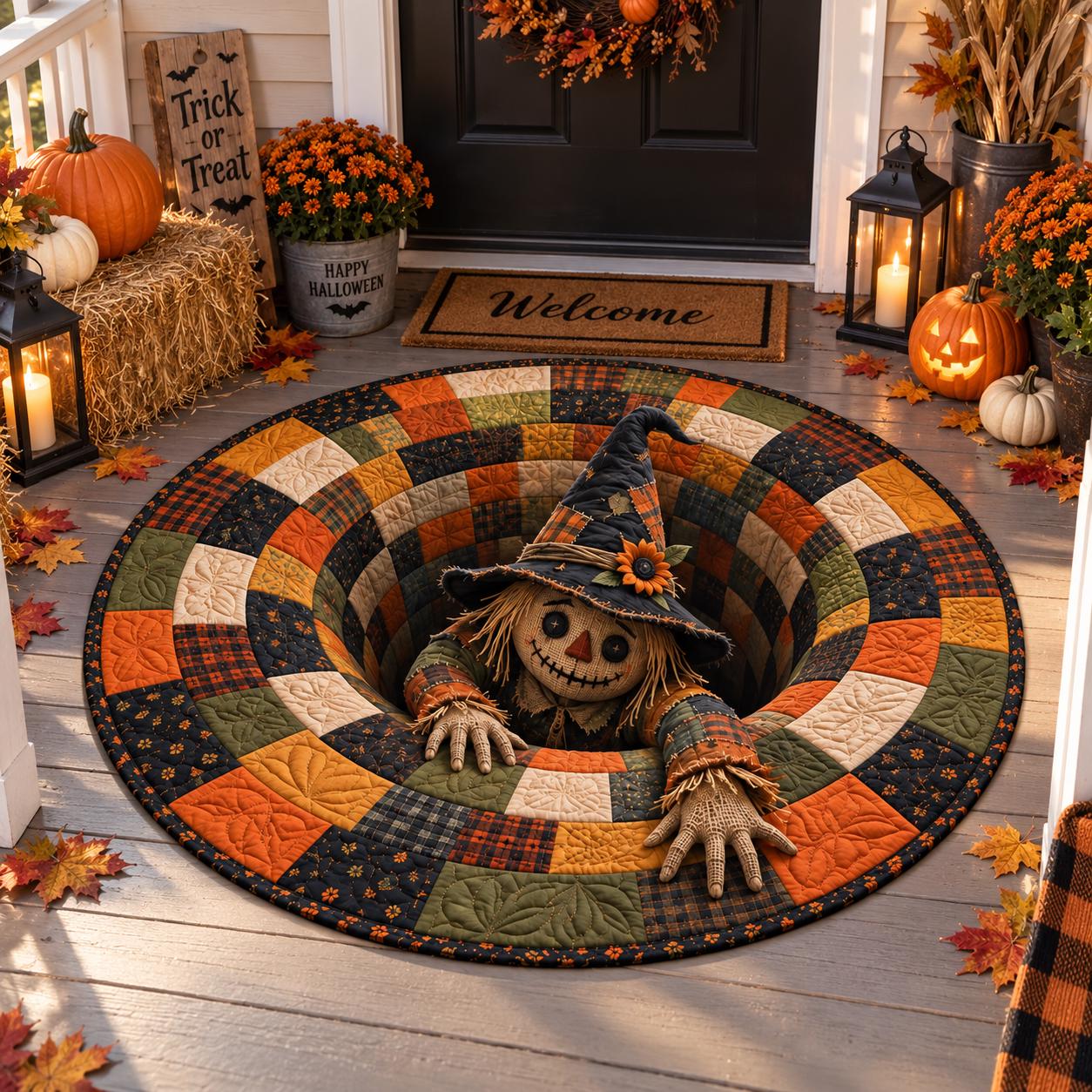 Scarecrow Halloween Round Rug with 3D Illusion Patchwork Pit Floor Mat and Quilted Style Autumn Design for Witchy Farmhouse Decor - photo 5