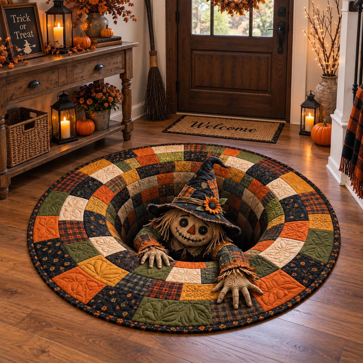 Scarecrow Halloween Round Rug with 3D Illusion Patchwork Pit Floor Mat and Quilted Style Autumn Design for Witchy Farmhouse Decor - photo 6