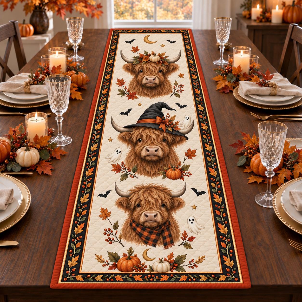 Highland Cow Halloween Table Runner – Quilted Style Fall Pumpkin Ghost Farmhouse Autumn Table Decor