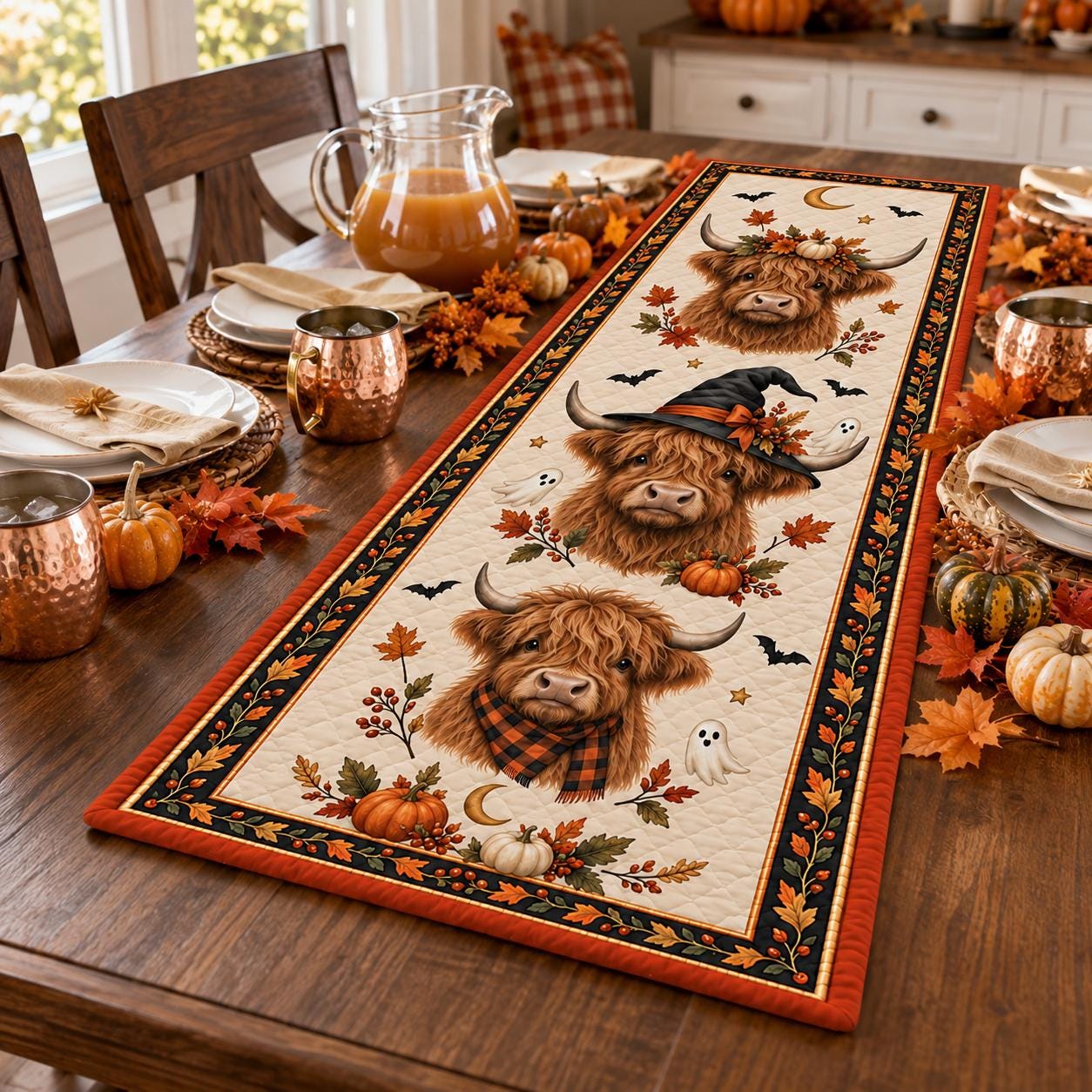 Highland Cow Halloween Table Runner – Quilted Style Fall Pumpkin Ghost Farmhouse Autumn Table Decor - photo 2