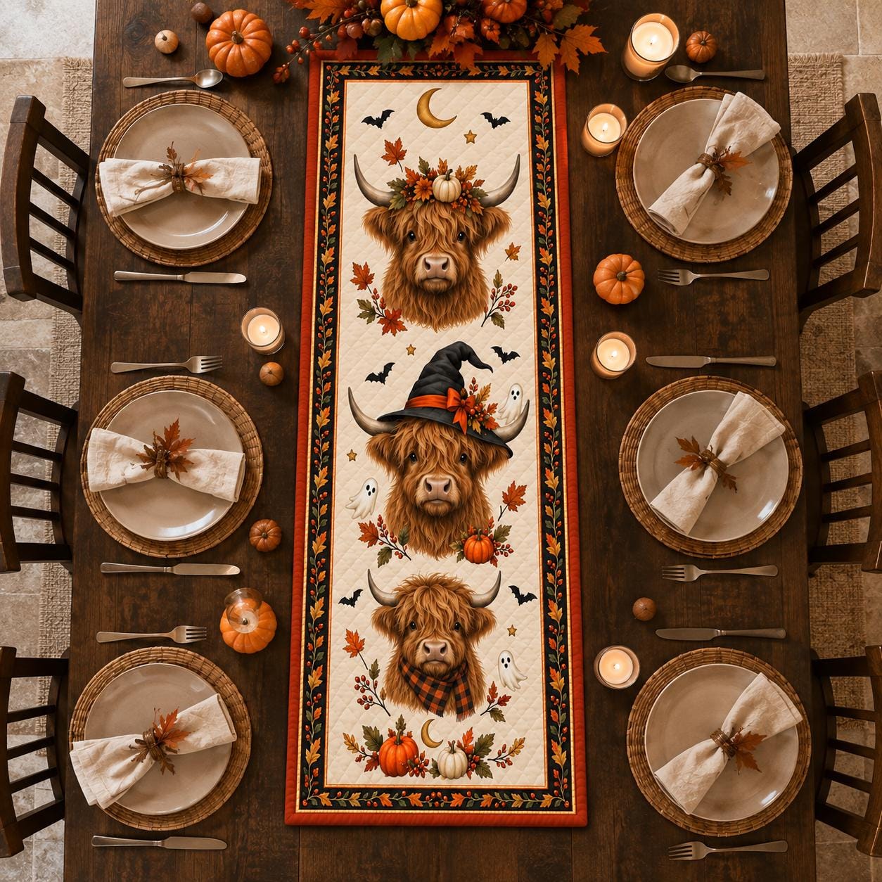 Highland Cow Halloween Table Runner – Quilted Style Fall Pumpkin Ghost Farmhouse Autumn Table Decor - photo 4