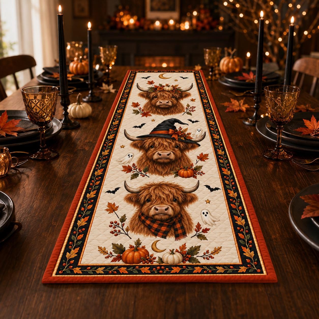 Highland Cow Halloween Table Runner – Quilted Style Fall Pumpkin Ghost Farmhouse Autumn Table Decor - photo 5
