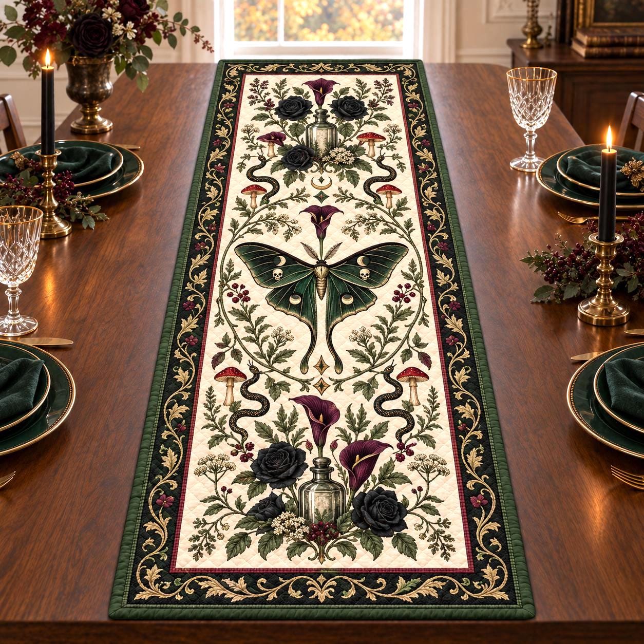 Gothic Luna Moth Table Runner – Quilted Style Dark Botanical Witchy Snake Floral Dining Table Decor