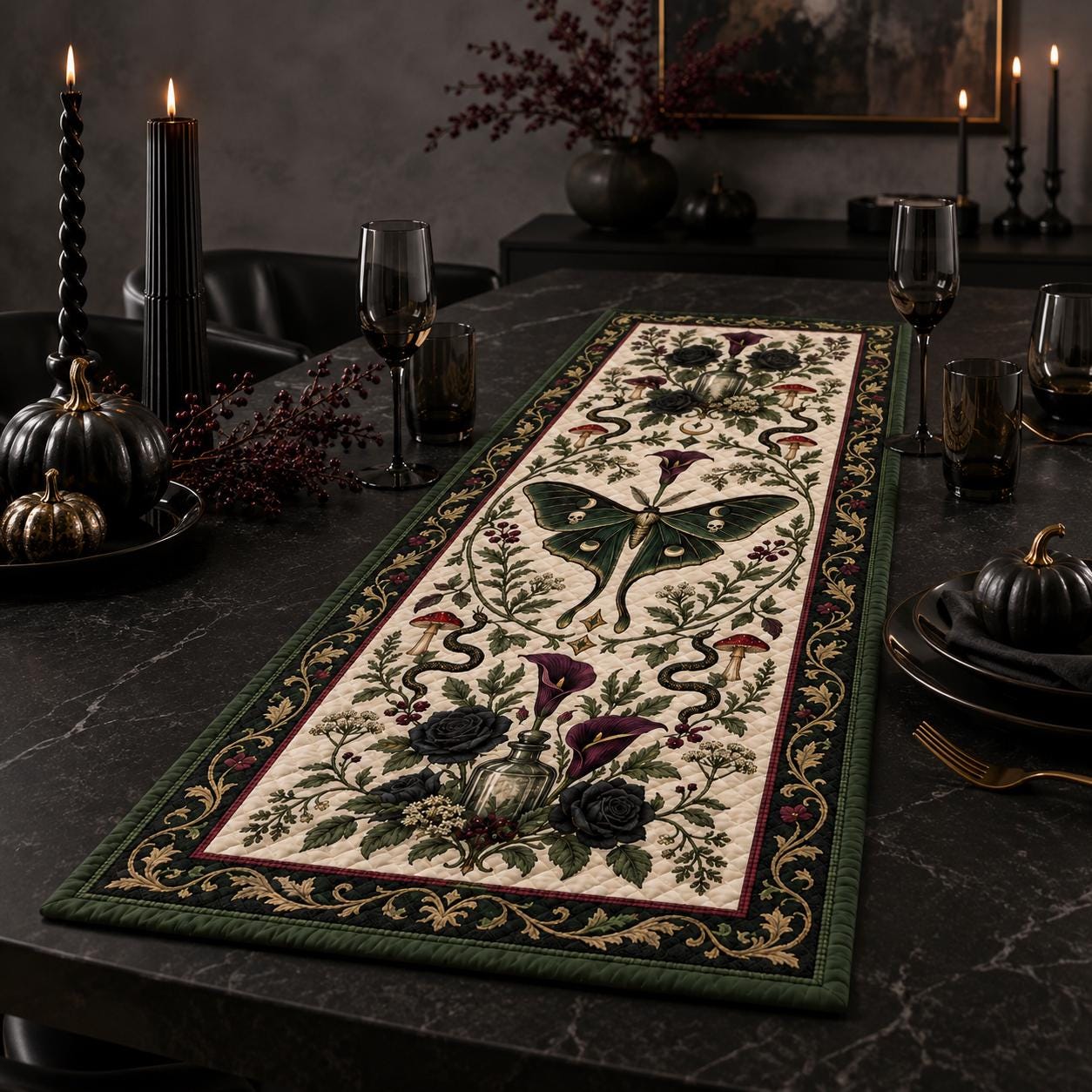 Gothic Luna Moth Table Runner – Quilted Style Dark Botanical Witchy Snake Floral Dining Table Decor - photo 2
