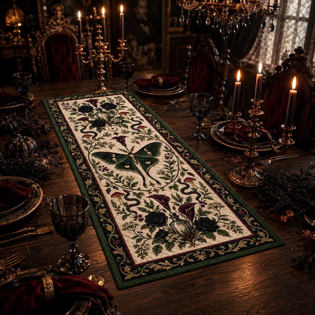 Gothic Luna Moth Table Runner – Quilted Style Dark Botanical Witchy Snake Floral Dining Table Decor - photo 4